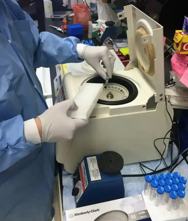 Researcher loading a benchtop centrifuge