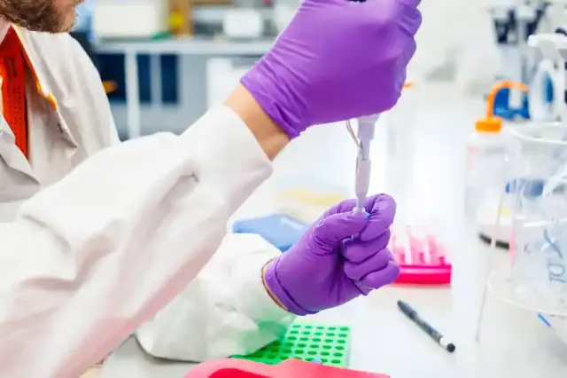Gloved hands transferring a sample into a tube